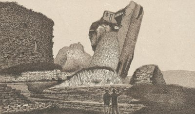Caerphilly Castle, lutande tornet (litho) av English School