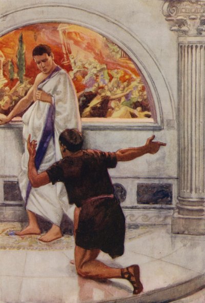 Plinius är lugn och orädd och går till badet medan Pompeji störtar mot sin undergång (färglitografi) av English School