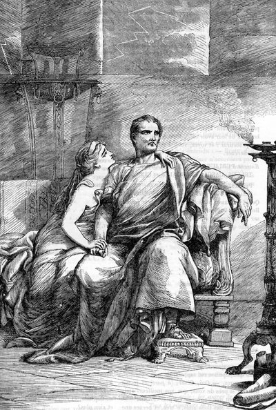 Calpurnia (Calpurnia Pisonis) och Caesar - Jules Cesar - The Tragedy of Julius Caesar - Illustration i "" Completes de William Shakespeare"" 1866 - Illustrationerna och den allmänna formen för denna utgåva är lånade från Cassells illustrerade Shakespeare,  av English School