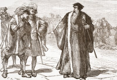 Calvin förolämpad av Libertines på Rhone Bridge, illustration från The History of Protestantism av James Aitken Wylie (1808-1890), pub. 1878 av English School
