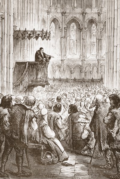 Calvin predikar sin avskedspredikan i väntan på förvisning, illustration från The History of Protestantism av James Aitken Wylie (1808-1890), pub. 1878 av English School