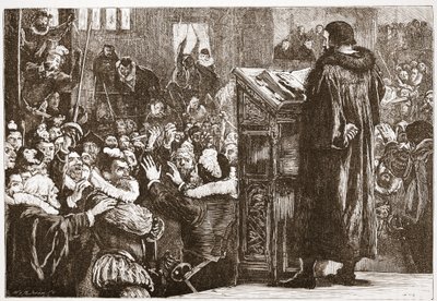 Calvin hotad i kyrkan i Rive, illustration från The History of Protestantism av James Aitken Wylie (1808-1890), pub. 1878 av English School