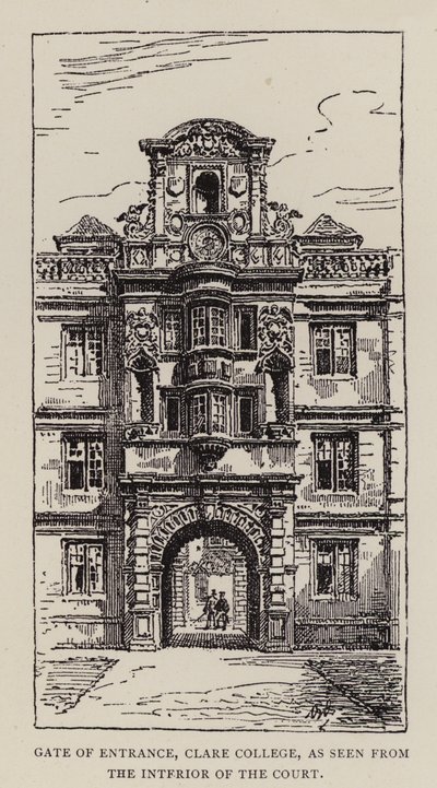 Cambridge: Gate of Entrance, Clare College, sett från domstolens insida (etsning) av English School