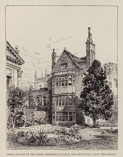 Cambridge: Oriel Window of the Lodge, Pembroke College, nu förstört, från trädgården (etsning) av English School