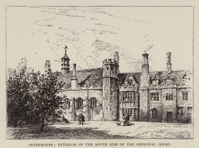 Cambridge: Peterhouse, exteriör på södra sidan av huvuddomstolen (etsning) av English School