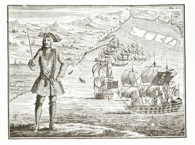 Kapten Bartholomew Roberts (1682-1722) med två fartyg, Royal Fortune and Ranger seglar i Whydah Road på Guineys kust, 11 januari 172?, från A General History of the Robberies och Mu av English School