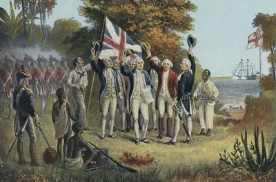 Captain Cook tar Australien i besittning (litho i färg) av English School