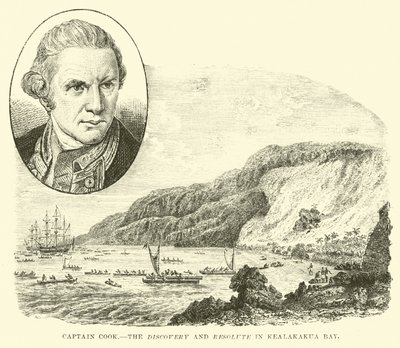 Captain Cook, Discovery and Resolute i Kealakekua Bay av English School