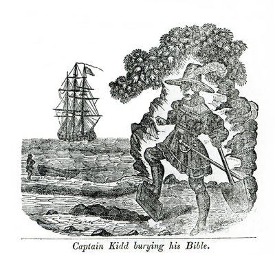 Kapten Kidd begraver sin bibel, illustration från "Pirates own Book" av Charles Elms av English School