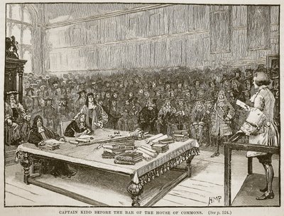 Kapten Kidd framför baren i House of Commons, illustration från Cassells Illustrated History of England (sepiafoto) av English School