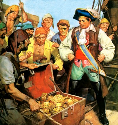 Kapten Kidds försvunna skatt, vars hemlighet han tog med sig till galgen 1701 (färglitografi) av English School