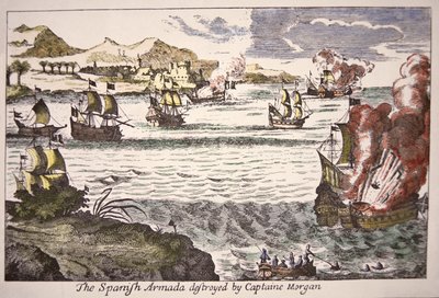 Kapten Morgan besegrar spanska krigsfartyg som blockerar sjön Maracaibos mynning 1669 (färgad gravyr) av English School