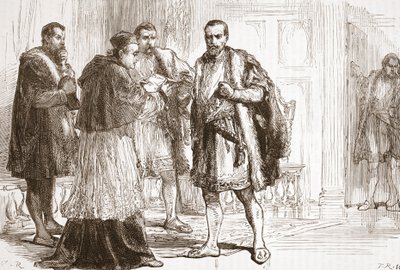 Kardinal de Tournon läser det protestantiska plakatet till Francis I, illustration från The History of Protestantism av James Aitken Wylie (1808-1890), pub. 1878 av English School