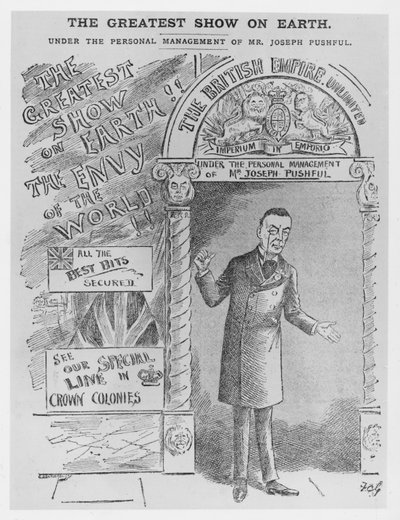 Karikatyr av Joseph Chamberlain som kolonialsekreterare, ca 1900 av English School