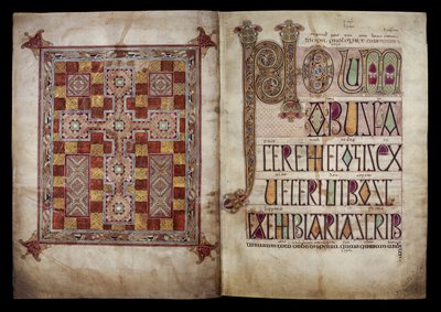Mattblad och incipitblad som inleder S:t Hieronymus brev till påven Damasus, Cotton Nero D. IV, f.2v och f.3r från Lindisfarne-evangelierna, 710-721 (pergament) av English School