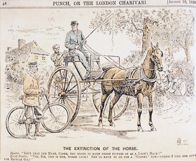 Tecknad serie om kommande cyklar och motoriserade transporter och det därav följande slutet på hästdragen trafik, från Punch magazine, 10 augusti 1895 av English School