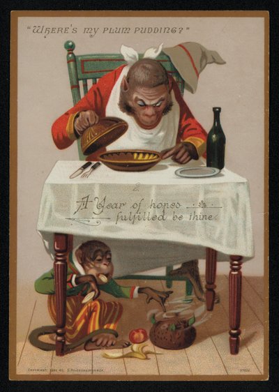 Tecknad film av apor och en plommonpudding, hälsningskort för nyår. (chromolitho) av English School