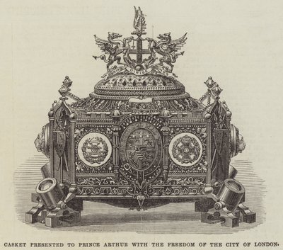 Kist överlämnad till prins Arthur med Freedom of the City of London (gravyr) av English School