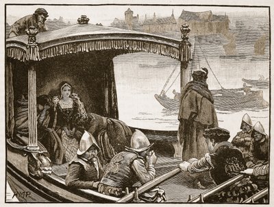 Catherine Howard förmedlas till tornet, illustration från Cassells Illustrated History of England (sepiafoto) av English School