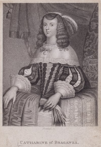 Katarina av Braganza, drottning gemål av kung Karl II (gravyr) av English School