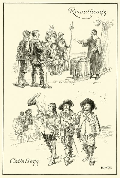 Cavaliers och Roundheads (bläck på papper) av English School
