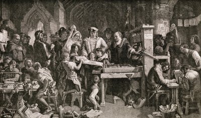 Caxton (ca 1422-91) visar exemplar av hans tryckning för kung Edward IV vid Almonry i Westminster, 1858 av English School