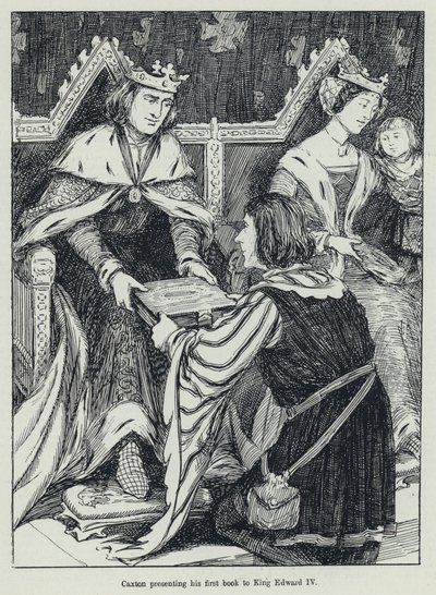 Caxton presenterar sin första bok för kung Edward IV (litho) av English School