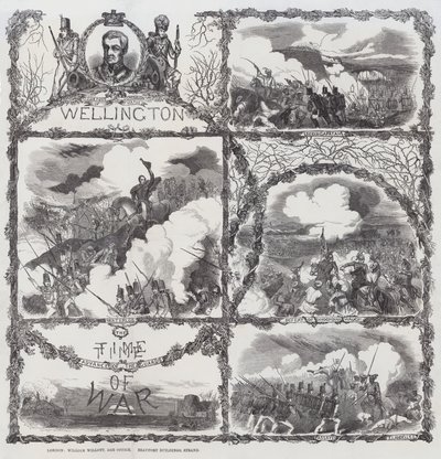 Hertigen av Wellingtons segrar vid belägringen av Seringapatam (1799), nederlaget vid Dhondia Wagh (1800), slaget vid Assaye (1803) och slaget vid Waterloo (1815) (gravyr) av English School
