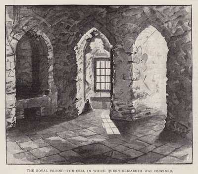 Cell i Towern i London där den framtida drottningen Elizabeth I fängslades 1554 under hennes halvsyster Mary I:s regeringstid (litho) av English School