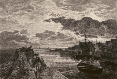 Cellardyke Harbour, etsad av Chauvel, efter Sam Bough (litografi) av English School