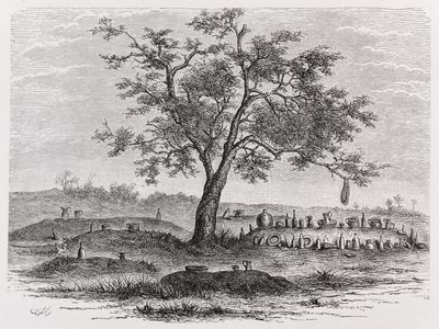 Kyrkogård och heligt träd i Mbinda, från "The History of Mankind", Vol.1, av professor Friedrich Ratzel, 1896. av English School