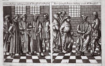 Vissa biskopar pratar med Mr Bradford i fängelset och Two Spanish Friers som pratar med Mr Bradford, illustration från Acts and Monuments av John Foxe, nionde upplagan, pub. 1684 av English School