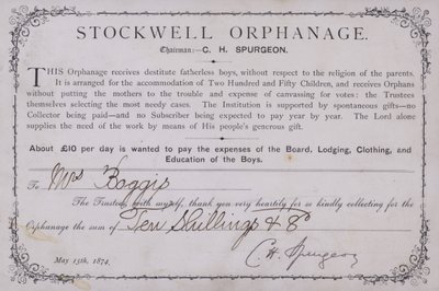Tackbevis för en donation till Stockwell Orphanage, London, 1874 av English School
