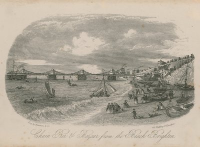 Chain Pier and Bazaar från stranden i Brighton av English School