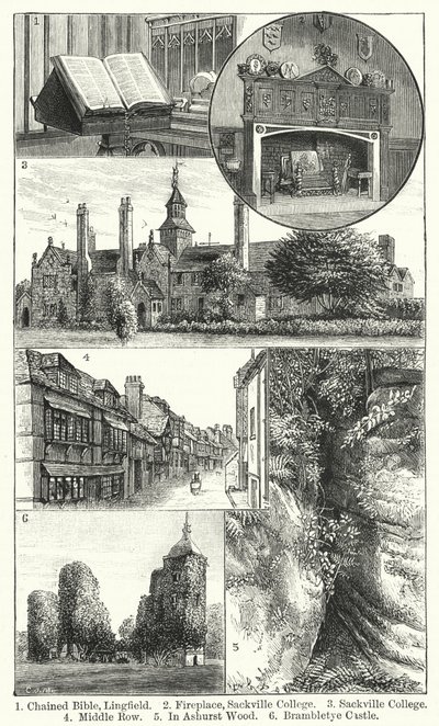 Chained Bible, Lingfield; Öppen spis, Sackville College; Sackville College; Mellersta raden; I Ashurst Wood; Brambletye Castle (gravyr) av English School