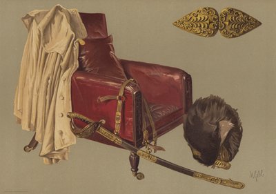 Stol och mantel av fältmarskalk hertigen av Wellington, med björnskinn och grenadjärgardets svärd (chromolitho) av English School
