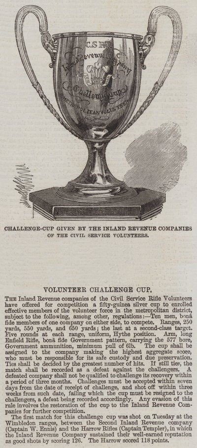 Challenge-Cup ges av Inland Revenue Companies of the Civil Service Volunteers (gravyr) av English School