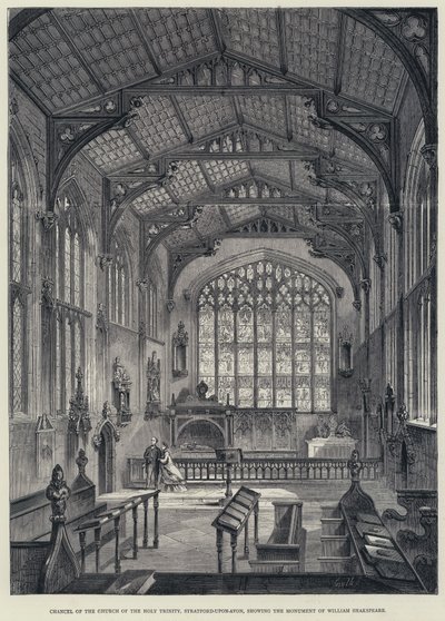 Chancell of the Church of the Holy Trinity, Stratford-upon-Avon, som visar William Shakspeares monument (gravyr) av English School