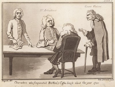 Karaktärer som besökte Buttons Coffee House omkring 1720-talet: Dr Arbuthnot, greve Viviani av English School
