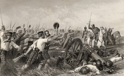 Highlanders anklagelse före Cawnpore under general Havelock, från "The History of the Indian Mytery", publicerad 1858 av English School