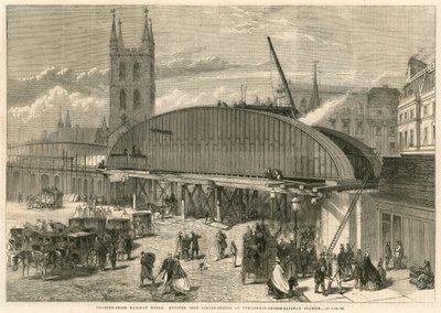 Charing Cross Railway fungerar: monsterjärnsbalkbro vid London Bridge Railway Station av English School