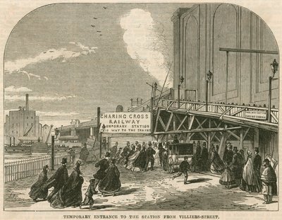 Charing Cross Station, London: Den tillfälliga ingången till stationen från Villiers Street av English School