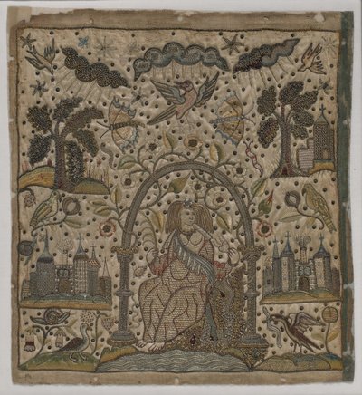 Välgörenhet under en båge, ca 1640 (silke, metalltrådar & spangles på satin) av English School