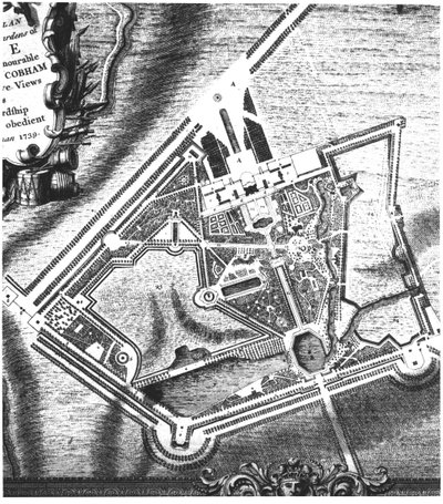 Charles Bridgemans (fl.1713-38) plan för Stowe Gardens, från en bok om utsikt över Stowe publicerad av Mrs Charles Bridgeman 1739 (se 140583 för William Kents senare plan) av English School