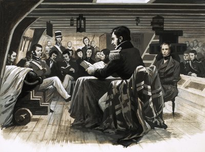 Charles Darwin seglar mot Galapagosöarna av English School
