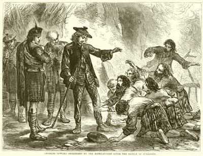 Charles Edward skyddad av Highlanders efter slaget vid Culloden av English School