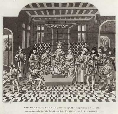 Charles V av Frankrike som uppfattar dödens närmande rekommenderar sina bröder sin familj och kungarike av English School