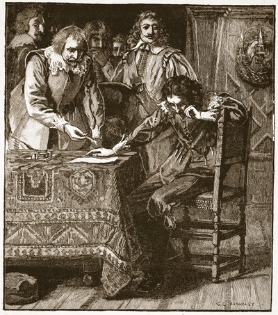 Charles undertecknar Commission of Assent to Straffords Attainder, illustration från Cassells Illustrated History of England (sepiafoto) av English School