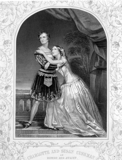 Charlotte och Susan Cushman som Romeo och Julia, akt III scen 5 av Romeo och Julia, från en daguerreotypi, pub. av John Tallis & Co. av English School