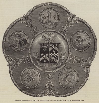 Chased Silver-Gilt Shield presenteras för den högra ärade E P Bouverie, MP (gravyr) av English School